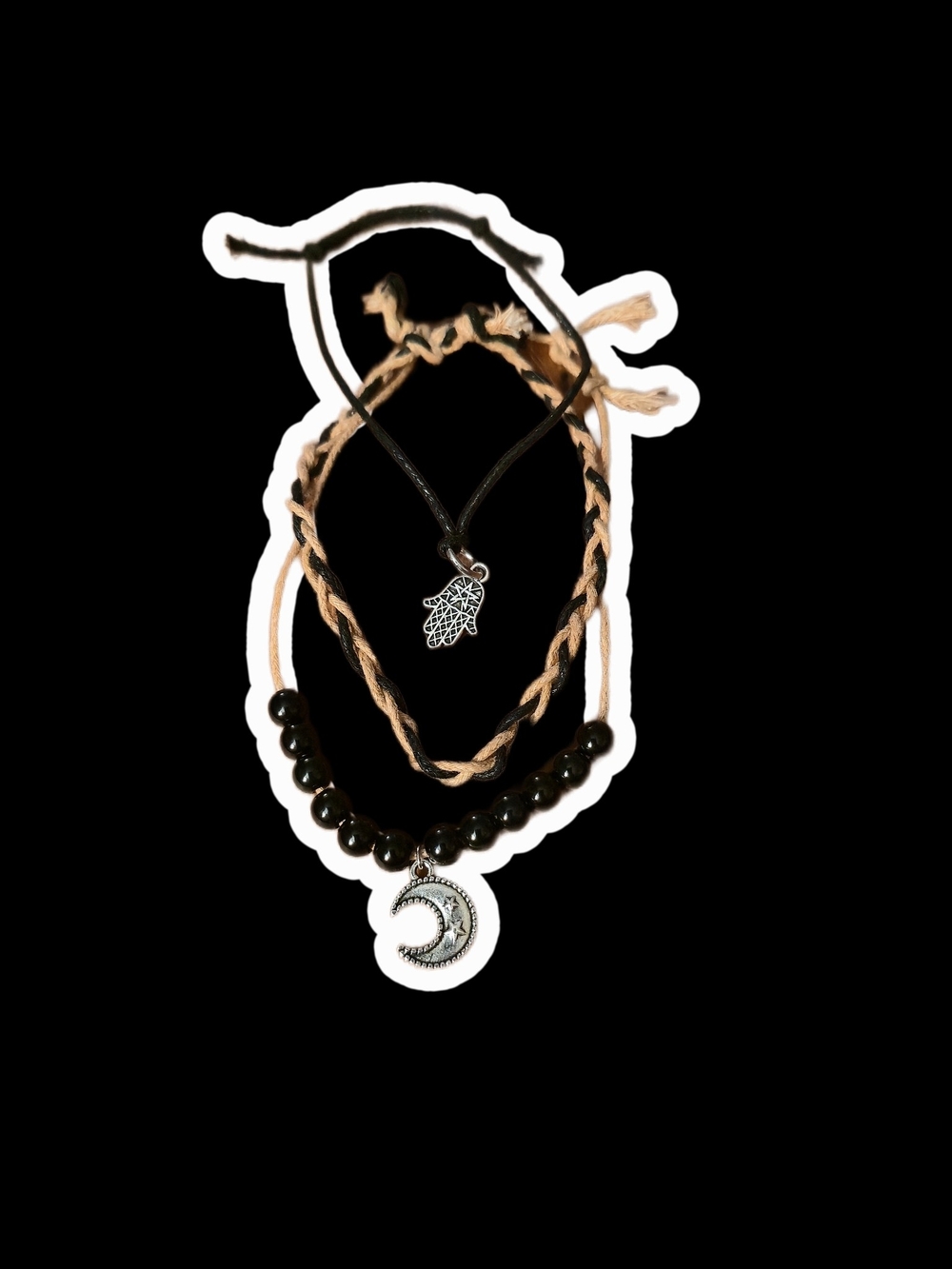 Bohemian Black and Tan Layered Bracelet Set with Crescent Moon and Hamsa Charms